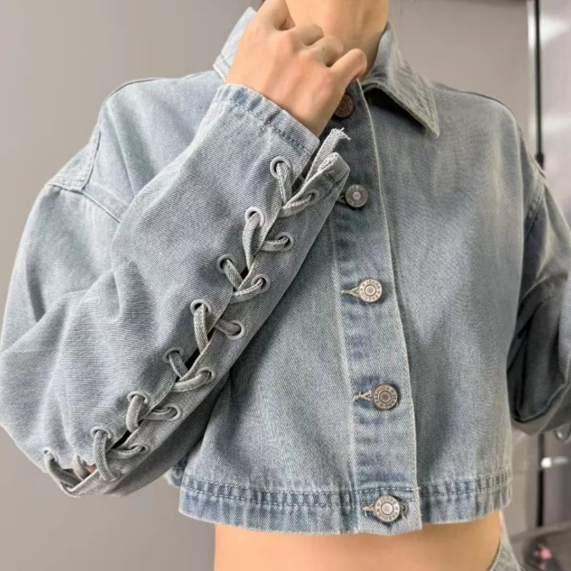 Women's Cropped Denim Jacket with Sleeve Lacing