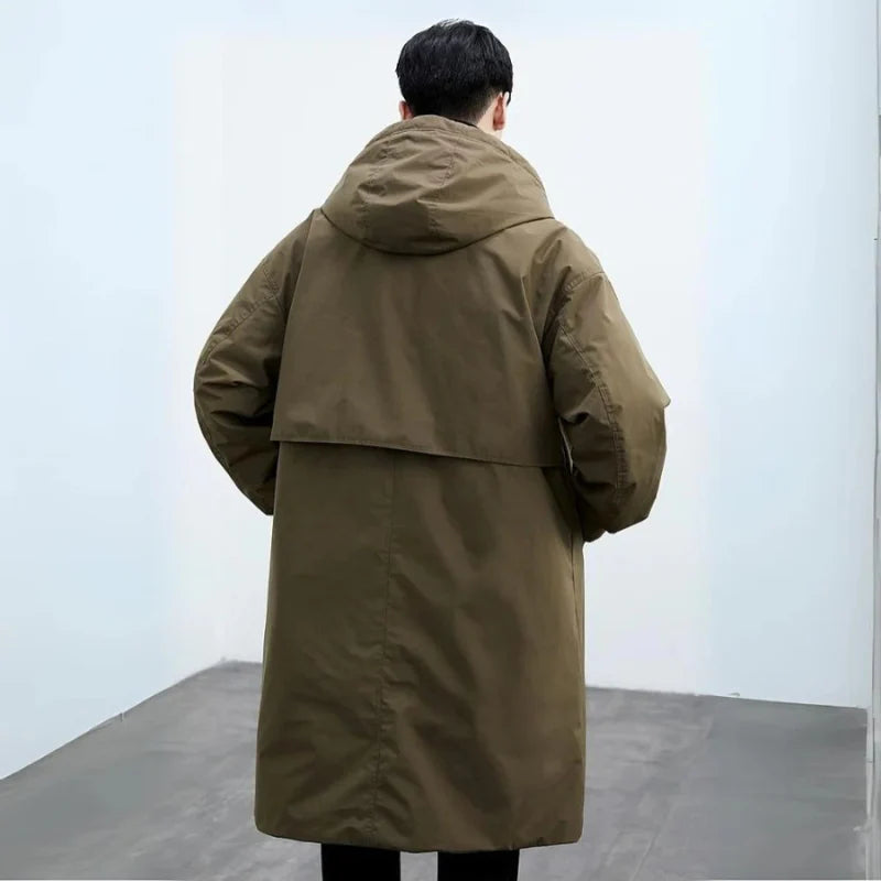 Men's Long Hooded Trench Coat with Front Buttons and Zip Layer