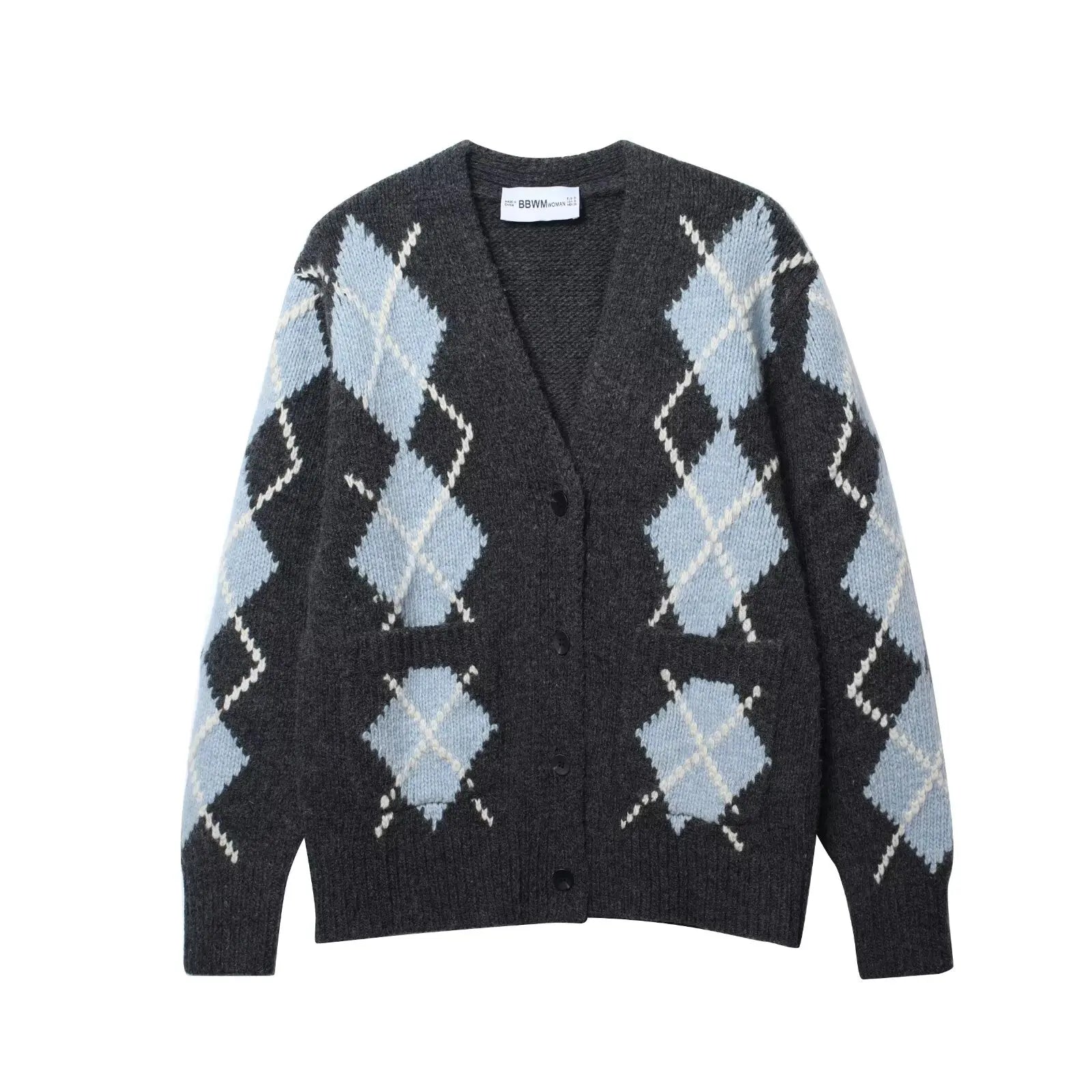 Women’s Button-Front Cardigan with Argyle Pattern and V-Neckline