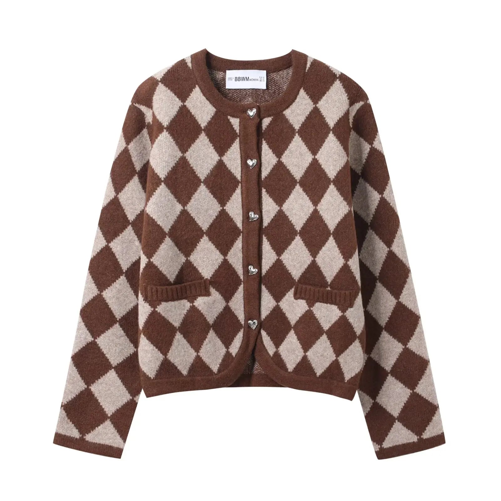 Women's Diamond-Pattern Cardigan with Shaped Button Closure and Front Pockets