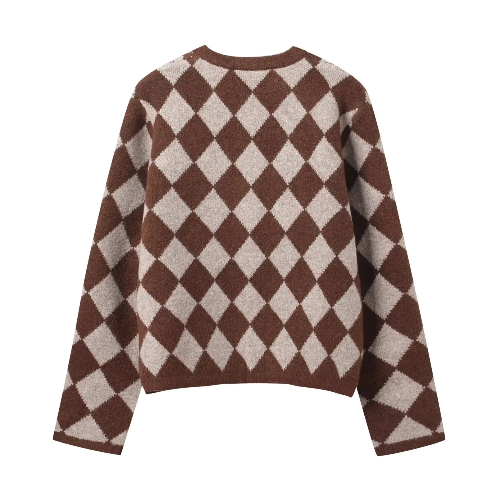 Women's Diamond-Pattern Cardigan with Shaped Button Closure and Front Pockets