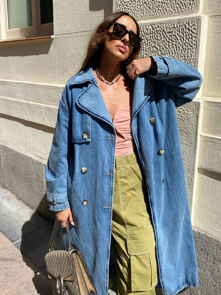 Women's Long Denim Trench Coat with Belt and Button Front