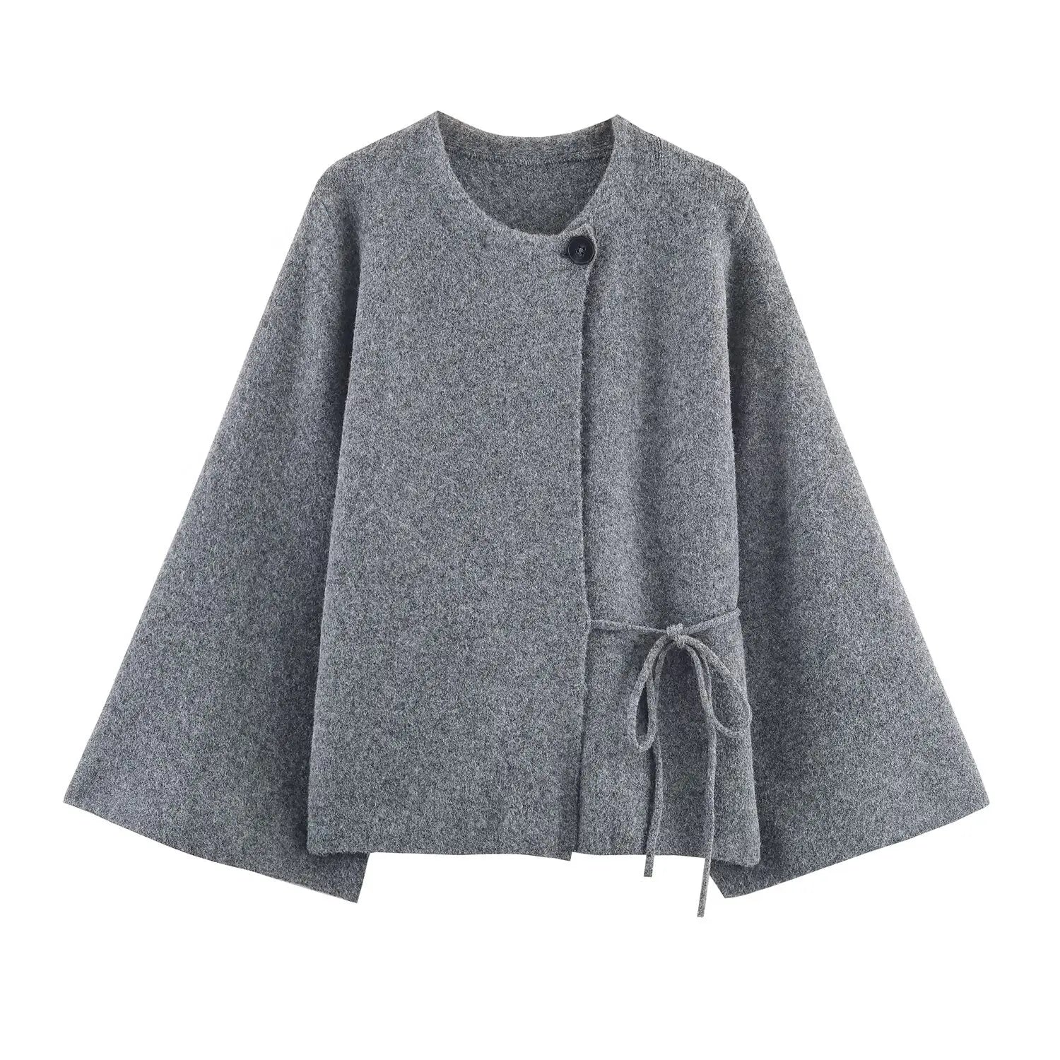 Women’s Round-Neck Knit Jumper with Asymmetric Button Closure and Side Tie