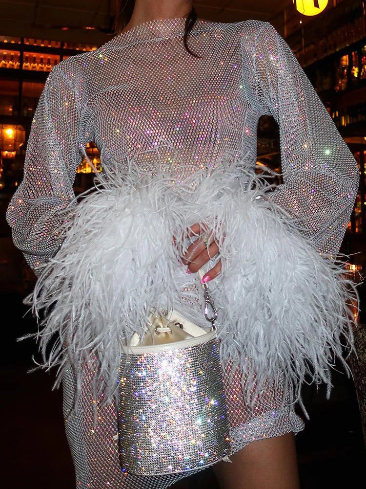 Women’s Sequin Mini Dress with Sheer Long Sleeves and Feather Cuffs