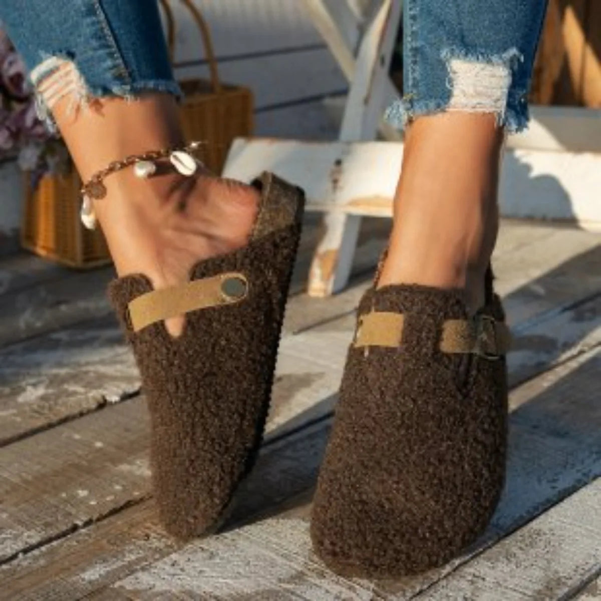 Women's Slip-On Indoor Slippers with Buckle Detail