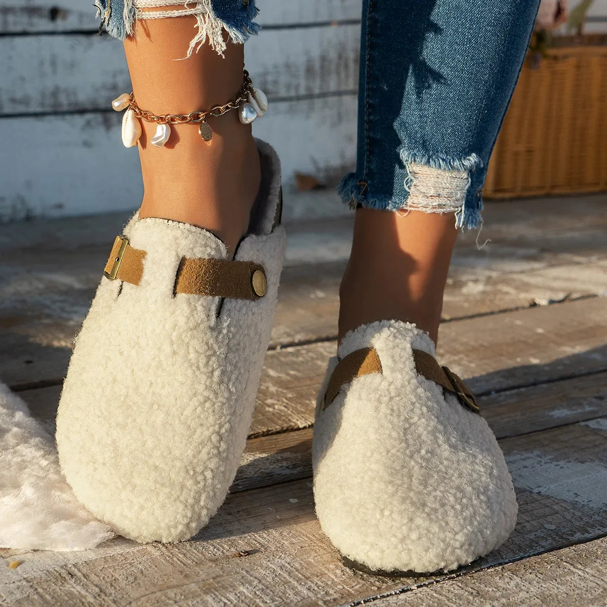Women's Slip-On Indoor Slippers with Buckle Detail