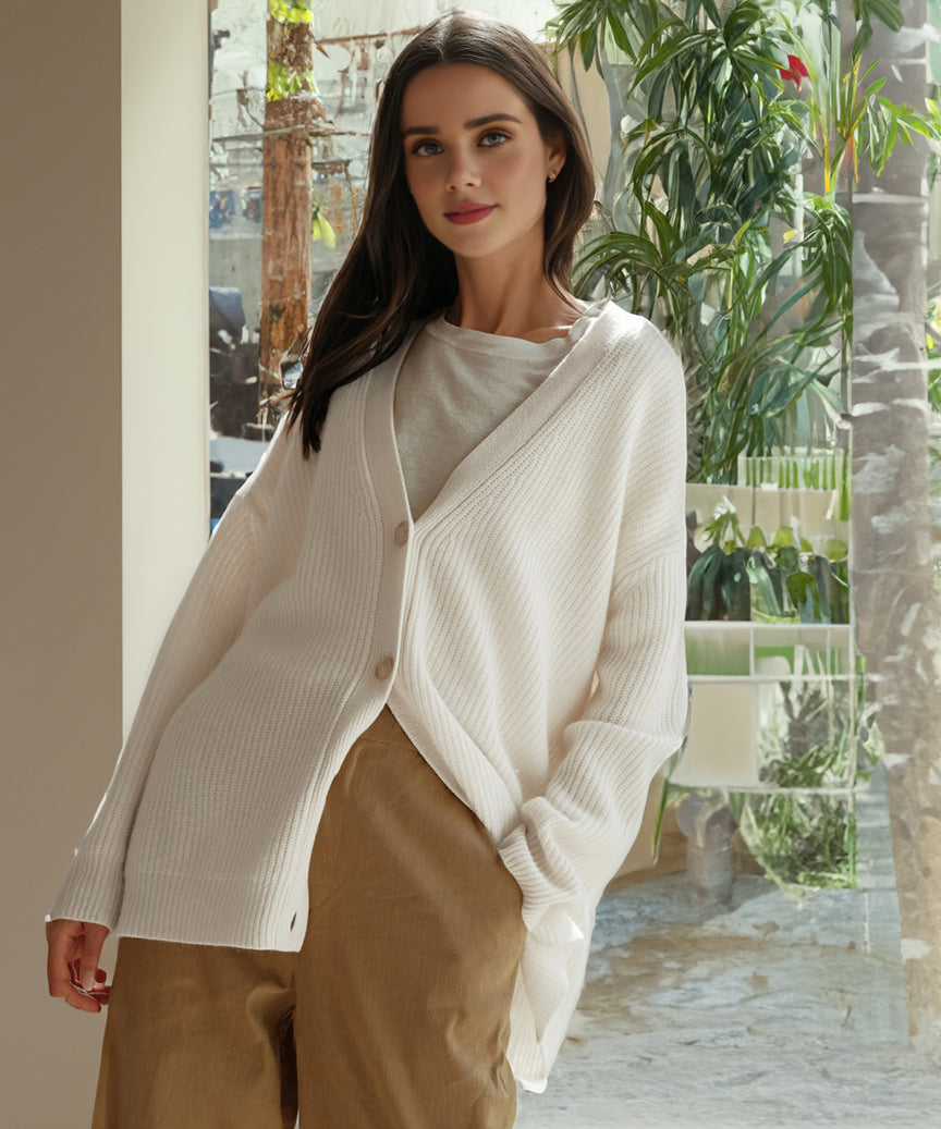 Women's V-Neck Cardigan with Ribbed Texture and Drop-Shoulder Sleeves
