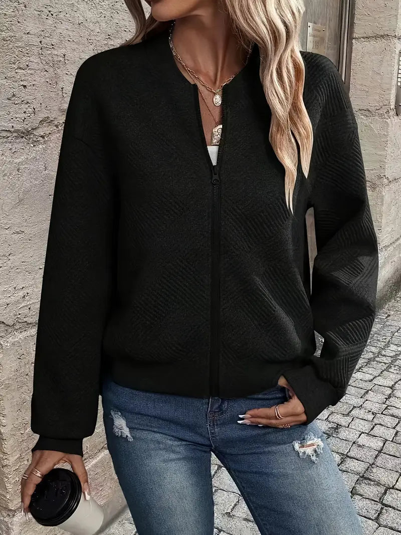 Women's Zip-Up Cardigan with Geometric Textured Knit and Ribbed Edges