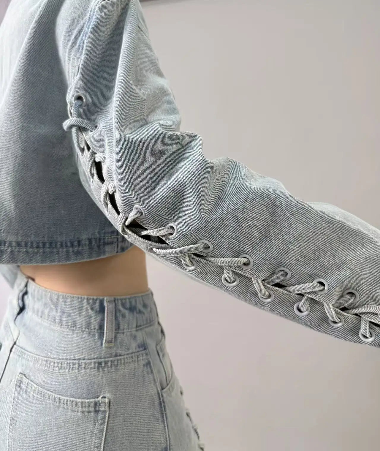 Women's Cropped Denim Jacket with Sleeve Lacing