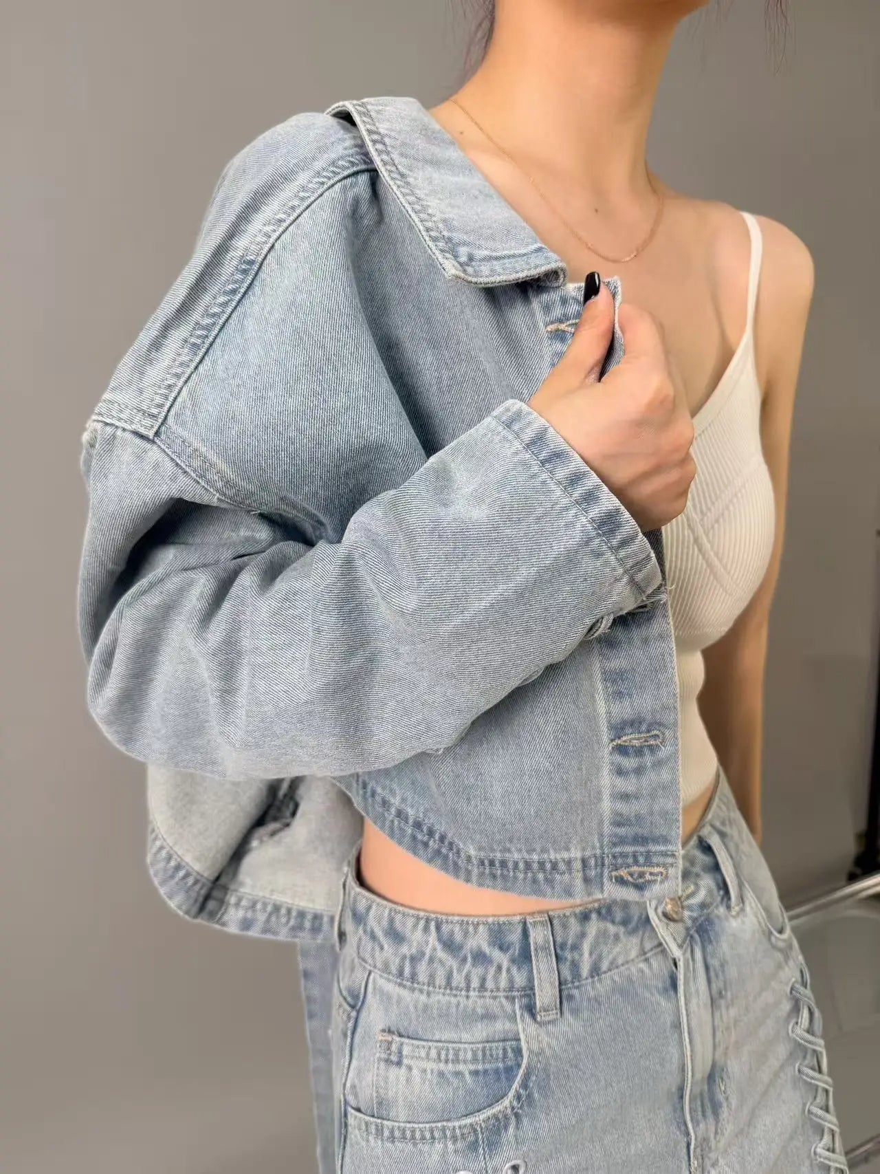 Women's Cropped Denim Jacket with Sleeve Lacing