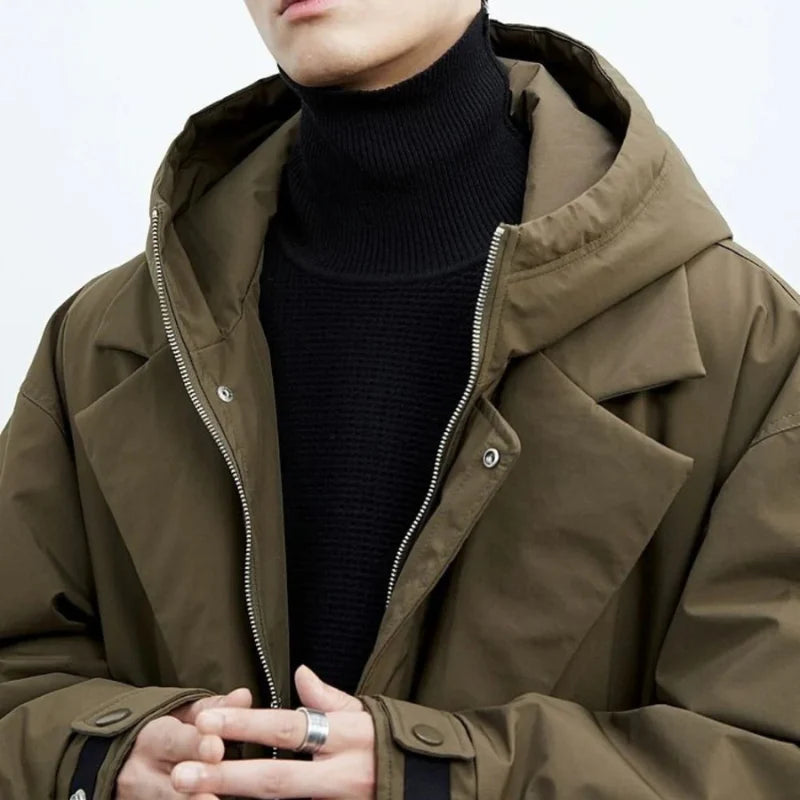 Men's Long Hooded Trench Coat with Front Buttons and Zip Layer