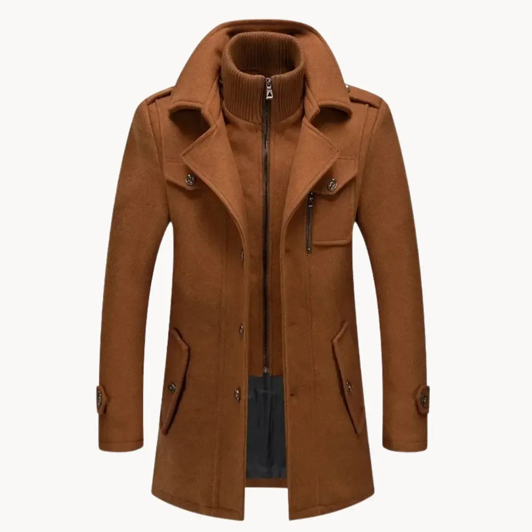 Men's Long Coat with Dual Front Closure and Stand Collar