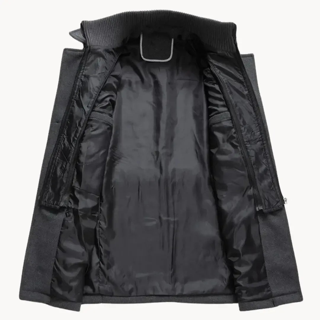 Men's Long Coat with Dual Front Closure and Stand Collar
