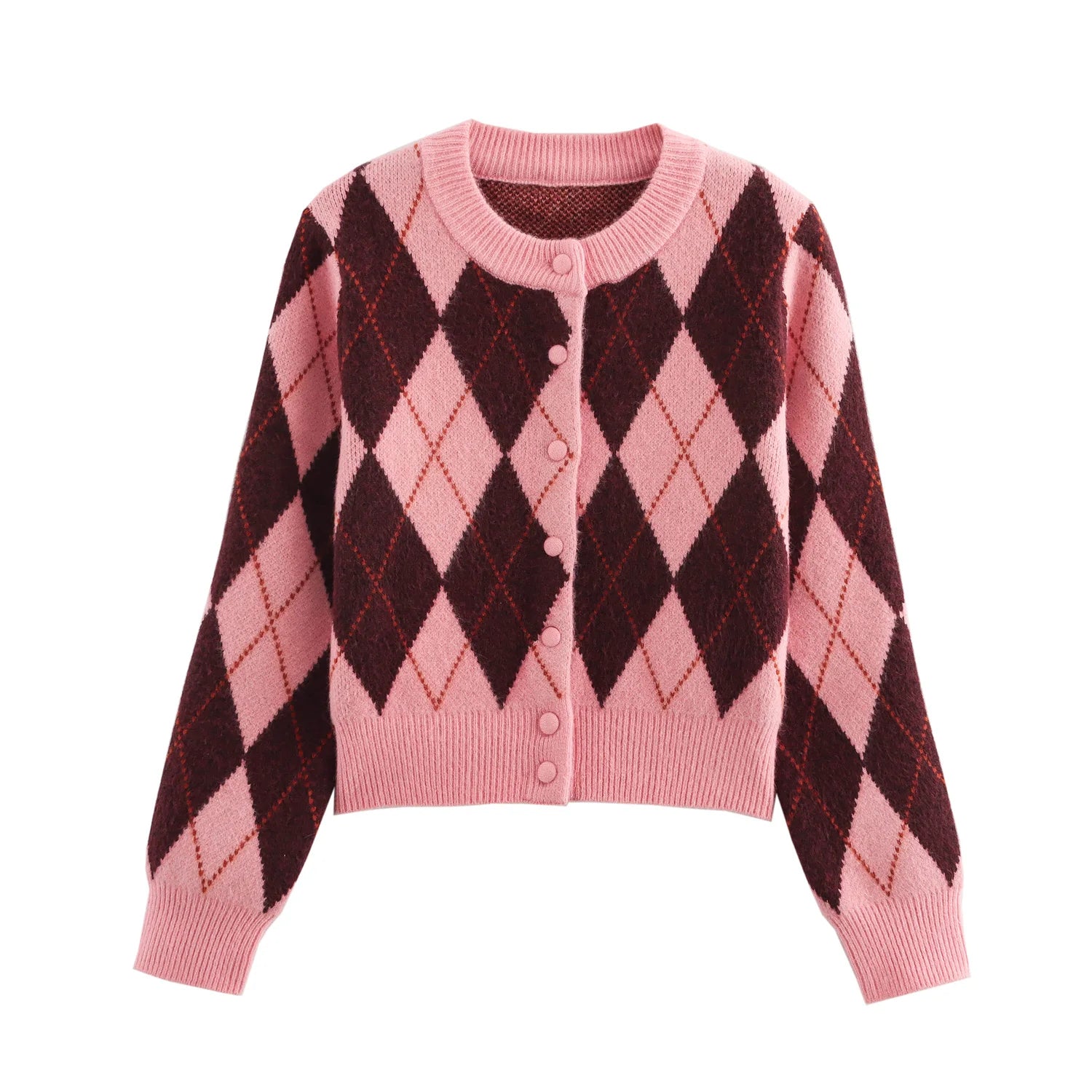 Women's Argyle Knit Cardigan with Covered Buttons and Ribbed Trim
