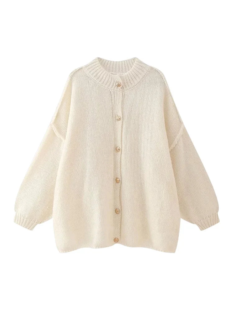 Women's Button-Front Cardigan with Drop-Shoulder Design and Ribbed Trim