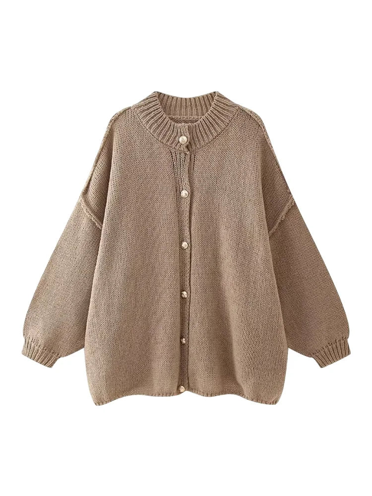 Women's Button-Front Cardigan with Drop-Shoulder Design and Ribbed Trim