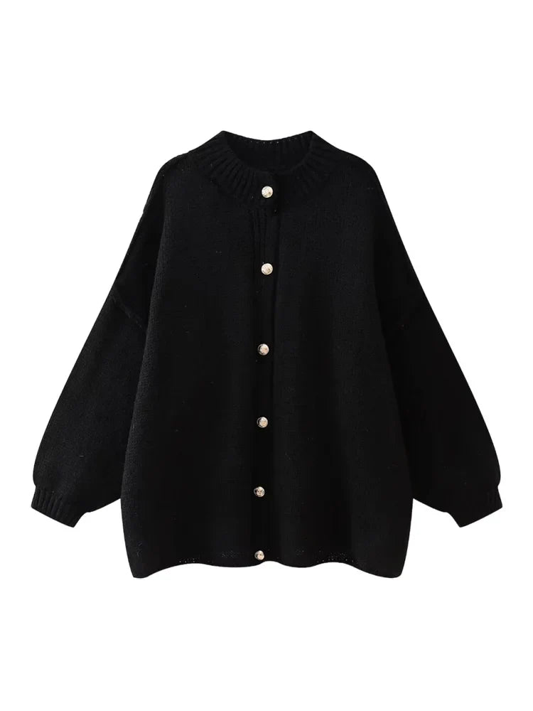 Women's Button-Front Cardigan with Drop-Shoulder Design and Ribbed Trim