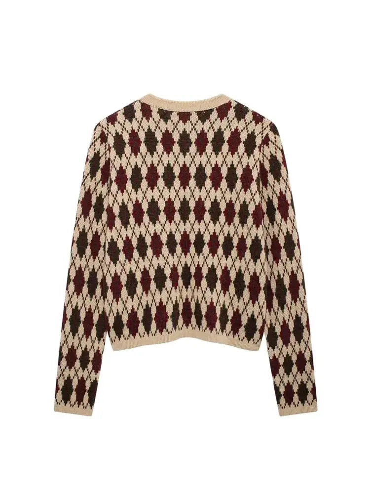 Women’s Button-Up Cardigan with Argyle Pattern and Patch Pockets