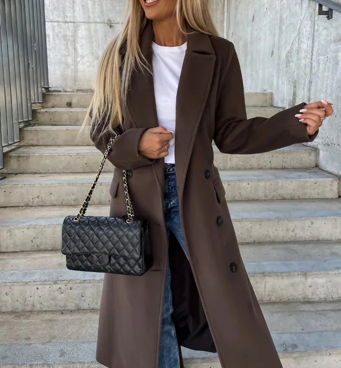 Women's Double-Breasted Winter Coat with Waist Belt