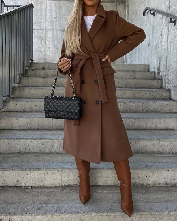Women's Double-Breasted Winter Coat with Waist Belt