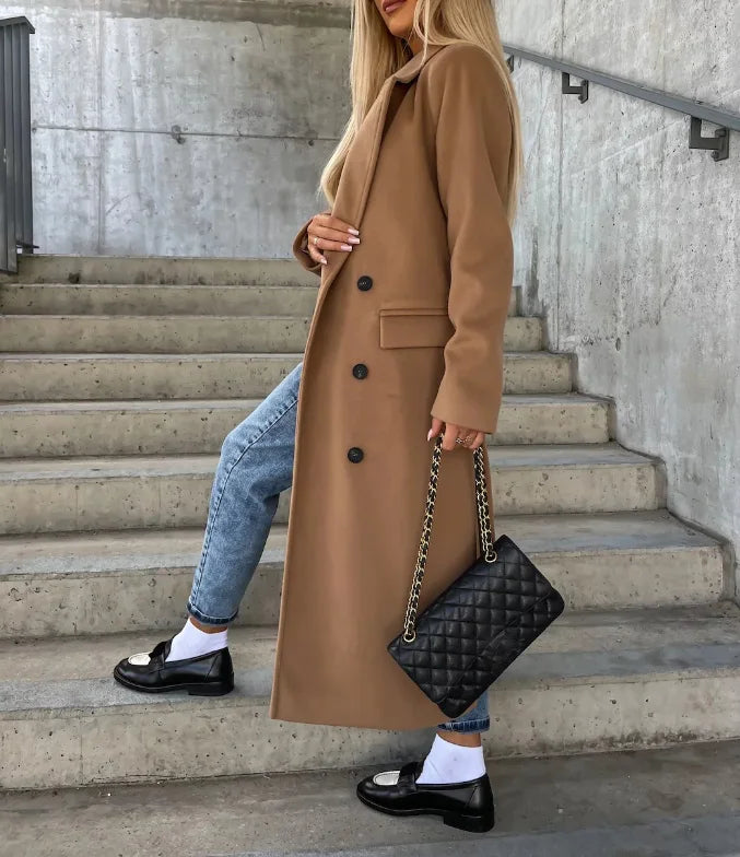 Women's Double-Breasted Winter Coat with Waist Belt