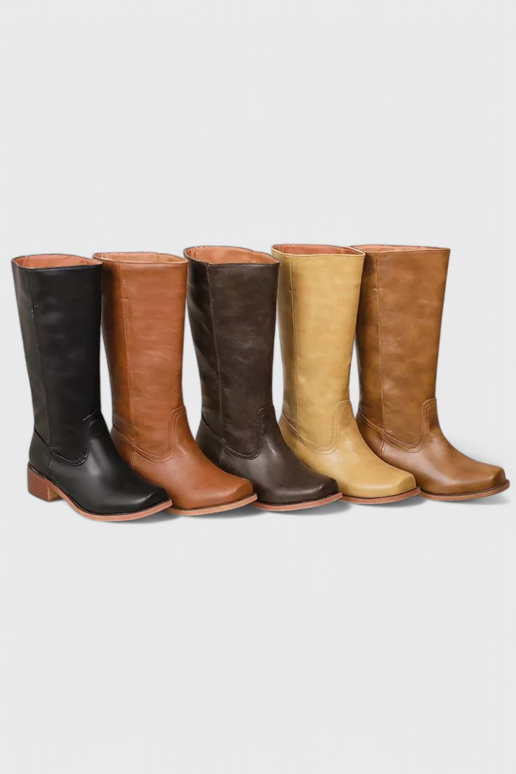 Women's Knee High Boots with Stacked Heel and Round Toe