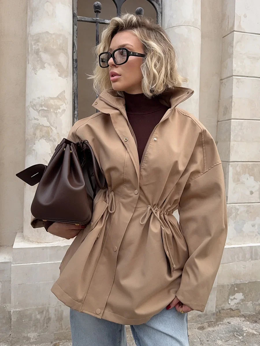 Women's Mid-Length Trench Coat with Stand Collar and Drawstring Waist