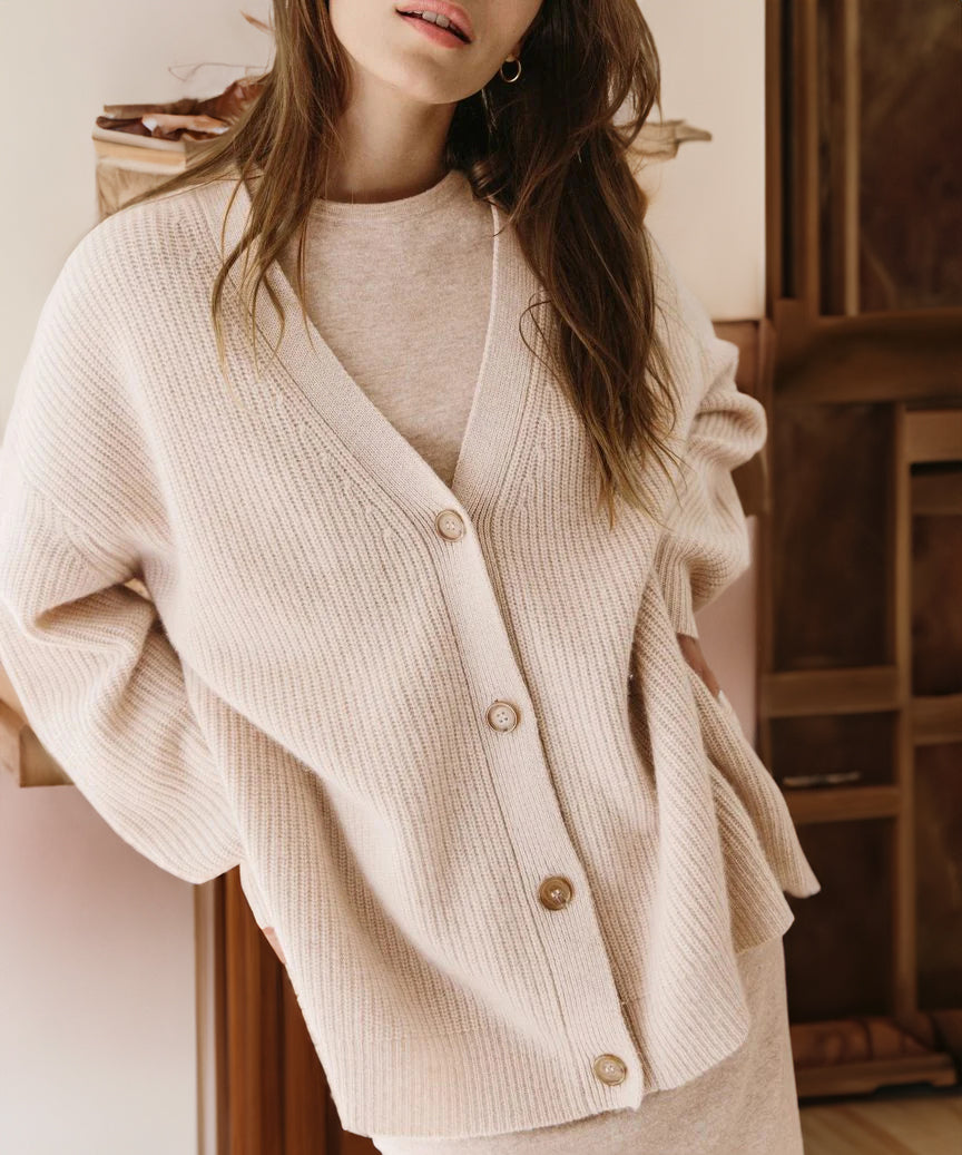 Women's V-Neck Cardigan with Ribbed Texture and Drop-Shoulder Sleeves