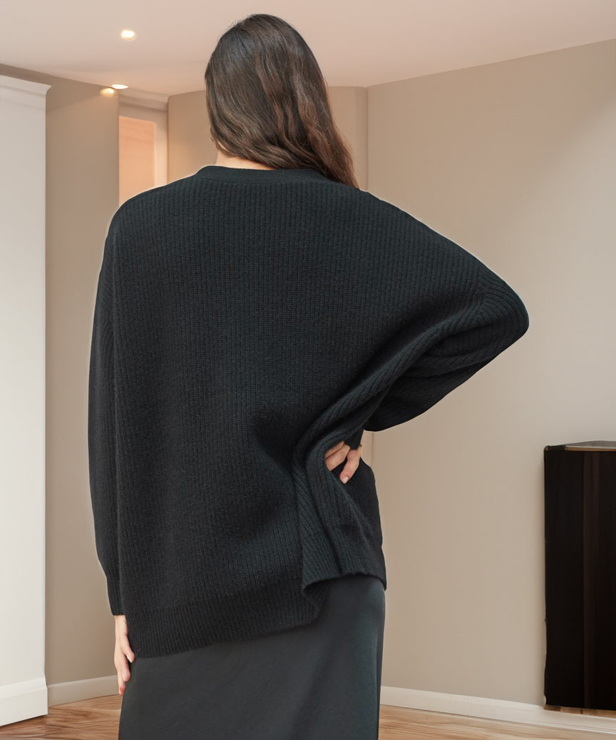 Women's V-Neck Cardigan with Ribbed Texture and Drop-Shoulder Sleeves