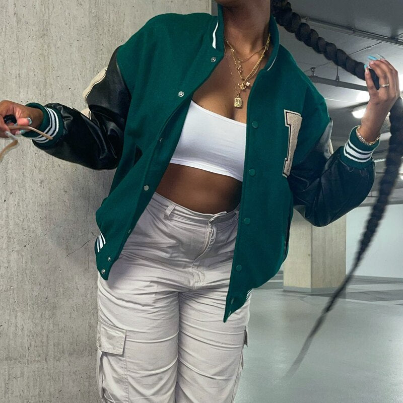 Women's Varsity Bomber Jacket with Snap Buttons and Bone Sleeve Patches