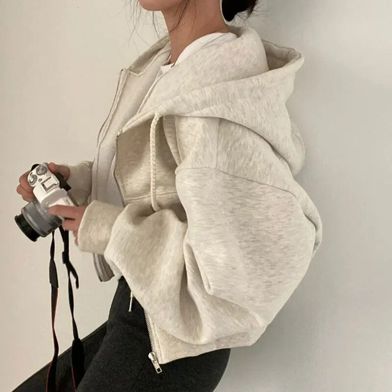 Women’s Zip-Up Hoodie with Cropped Length and Drop-Shoulder Sleeves